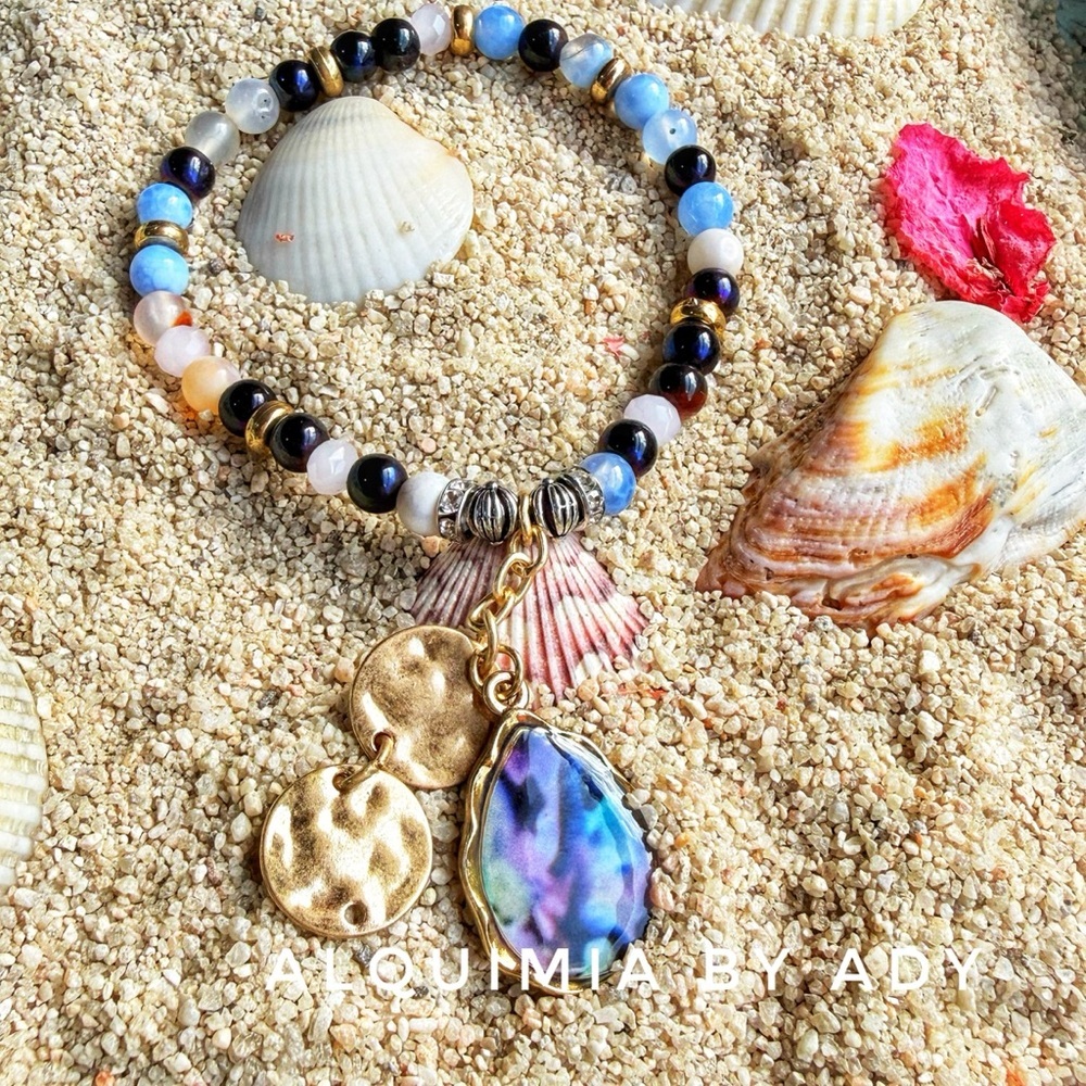 Bohemian colorful gemstones charms bracelet + QUARTZ + AQUAMARINE +AGATE